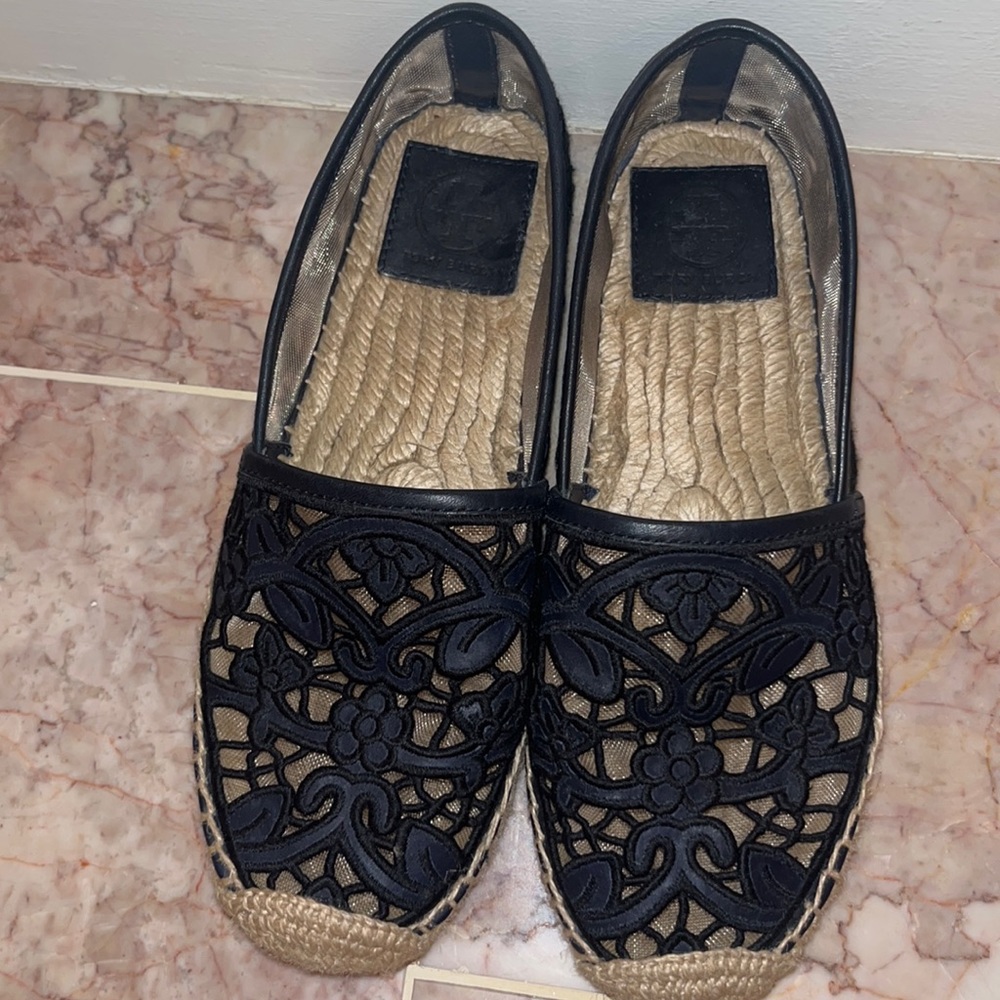 Tory Burch Espadrilles Navy Blue Lace with Black Trim